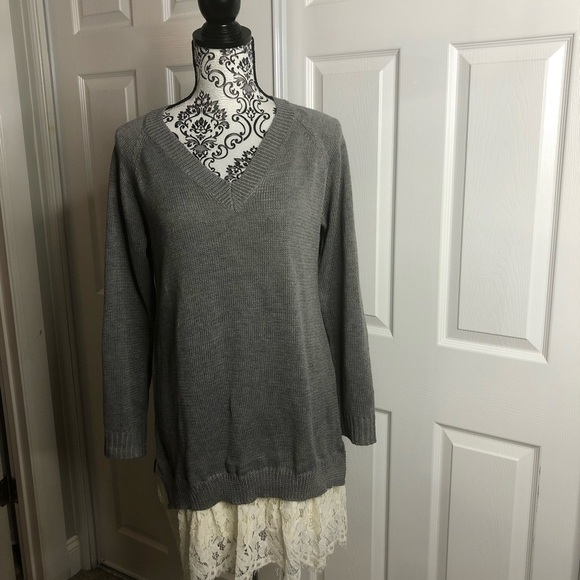 Racheal Sweater Dress Tunic Lace Bottom S/M Gray Offwhite - Picture 1 of 7